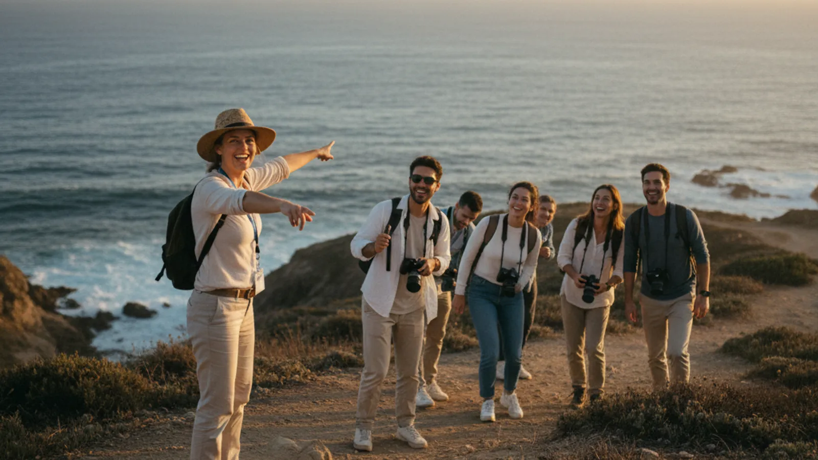 A tour guide leading a small group along a scenic coastal path at golden hour
