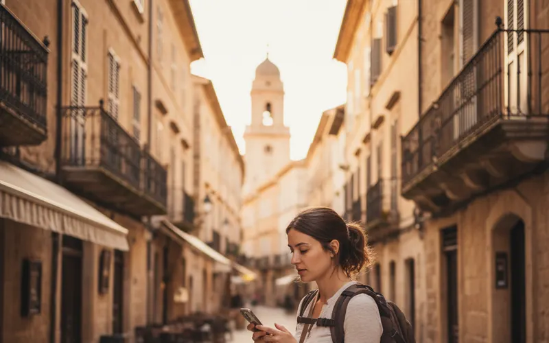A traveler checking a phone in a sunlit old-town street
