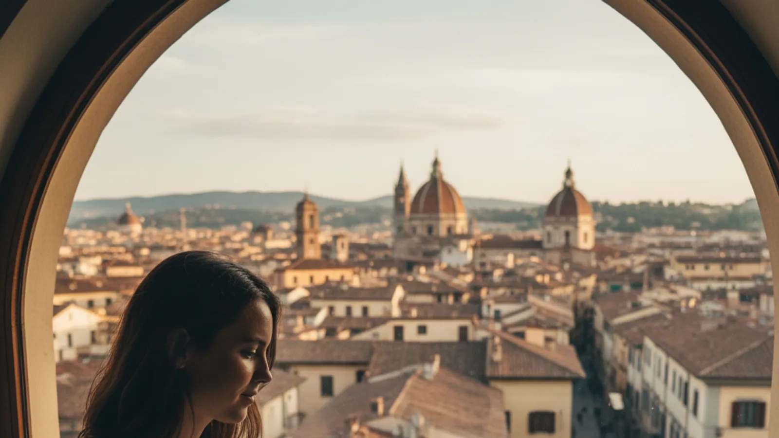 A young traveler planning a trip on a phone at a cafe window with a city view